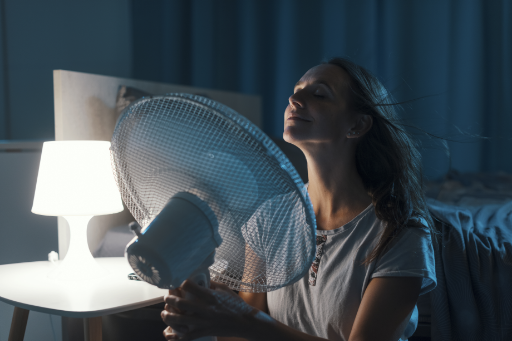 woman aiming a fan on herself because she is hot